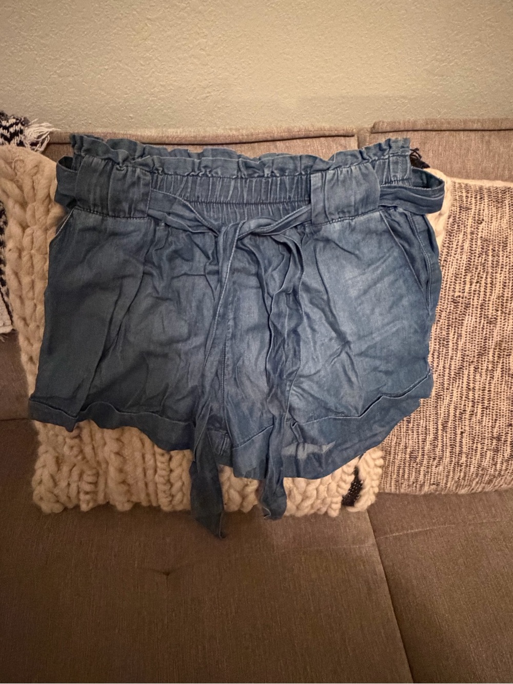 Sneak Peek Denim-Look High Waist Tie Shorts in Blue